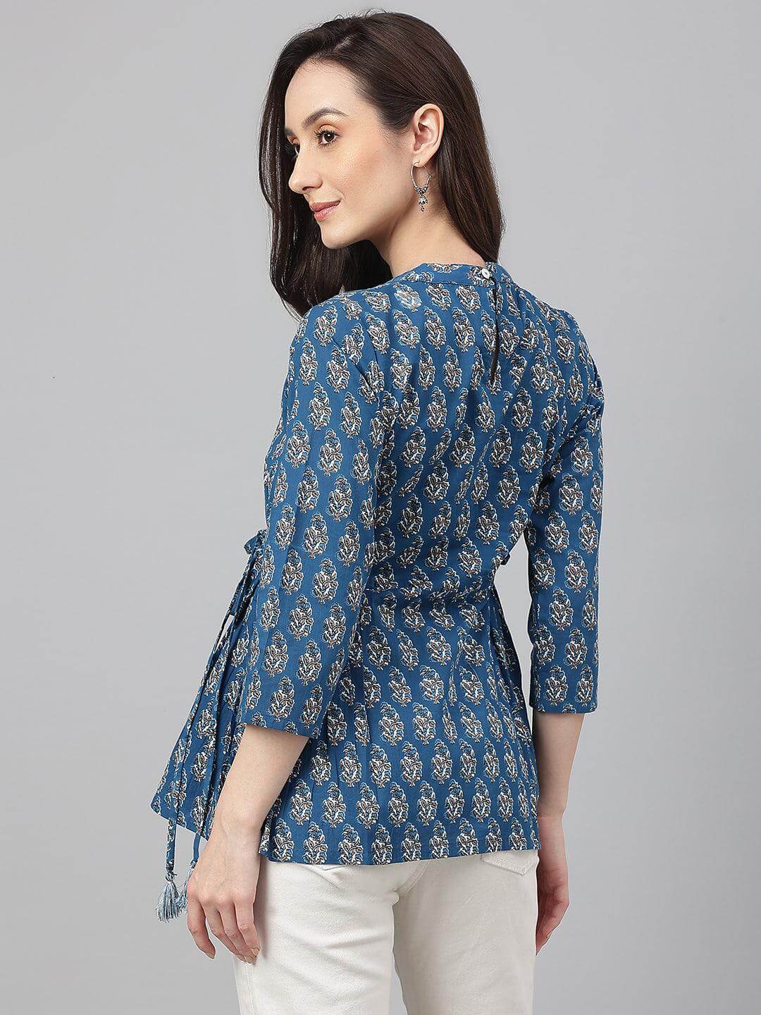 Teal Cotton Floral Print Flared Top