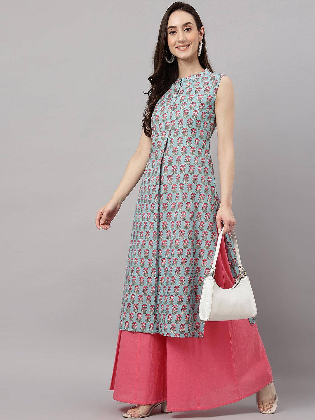 Aqua Blue Cotton Block Print Straight Kurta