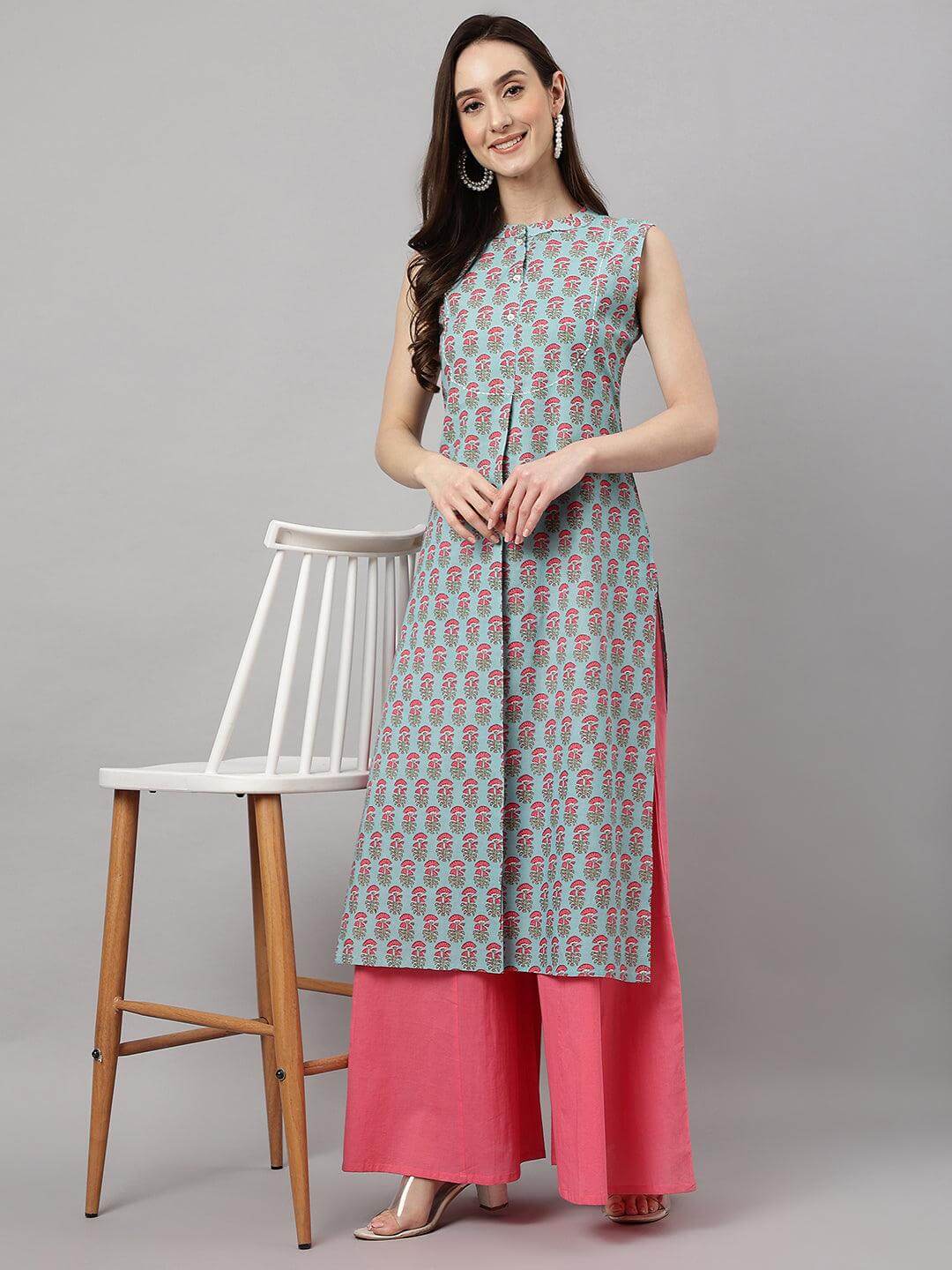 Aqua Blue Cotton Block Print Straight Kurta