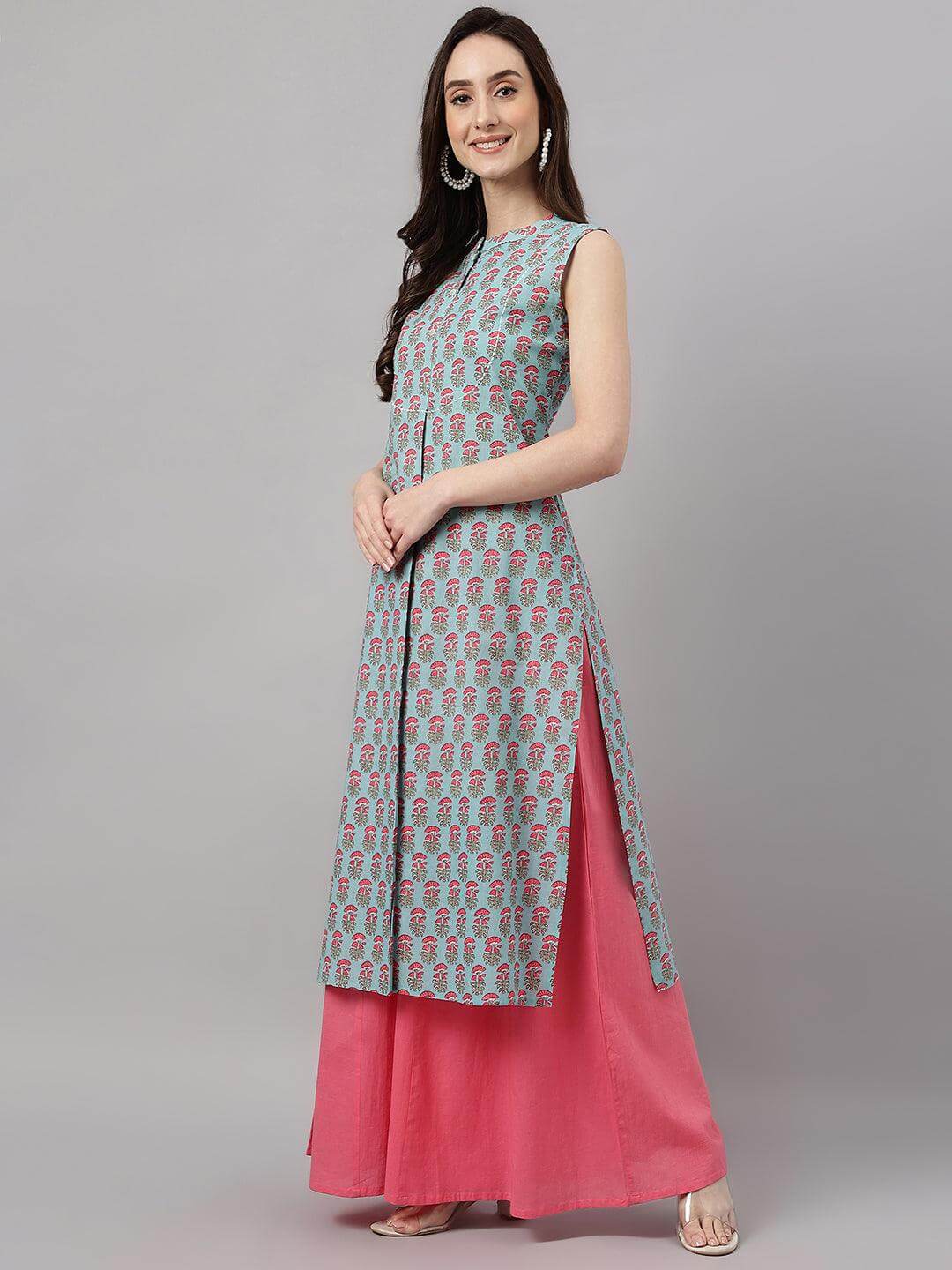 Aqua Blue Cotton Block Print Straight Kurta