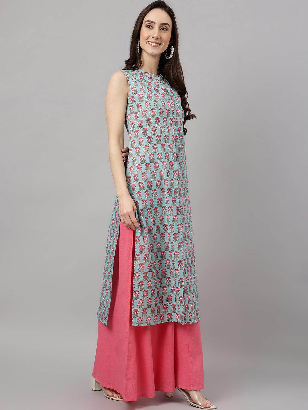Aqua Blue Cotton Block Print Straight Kurta
