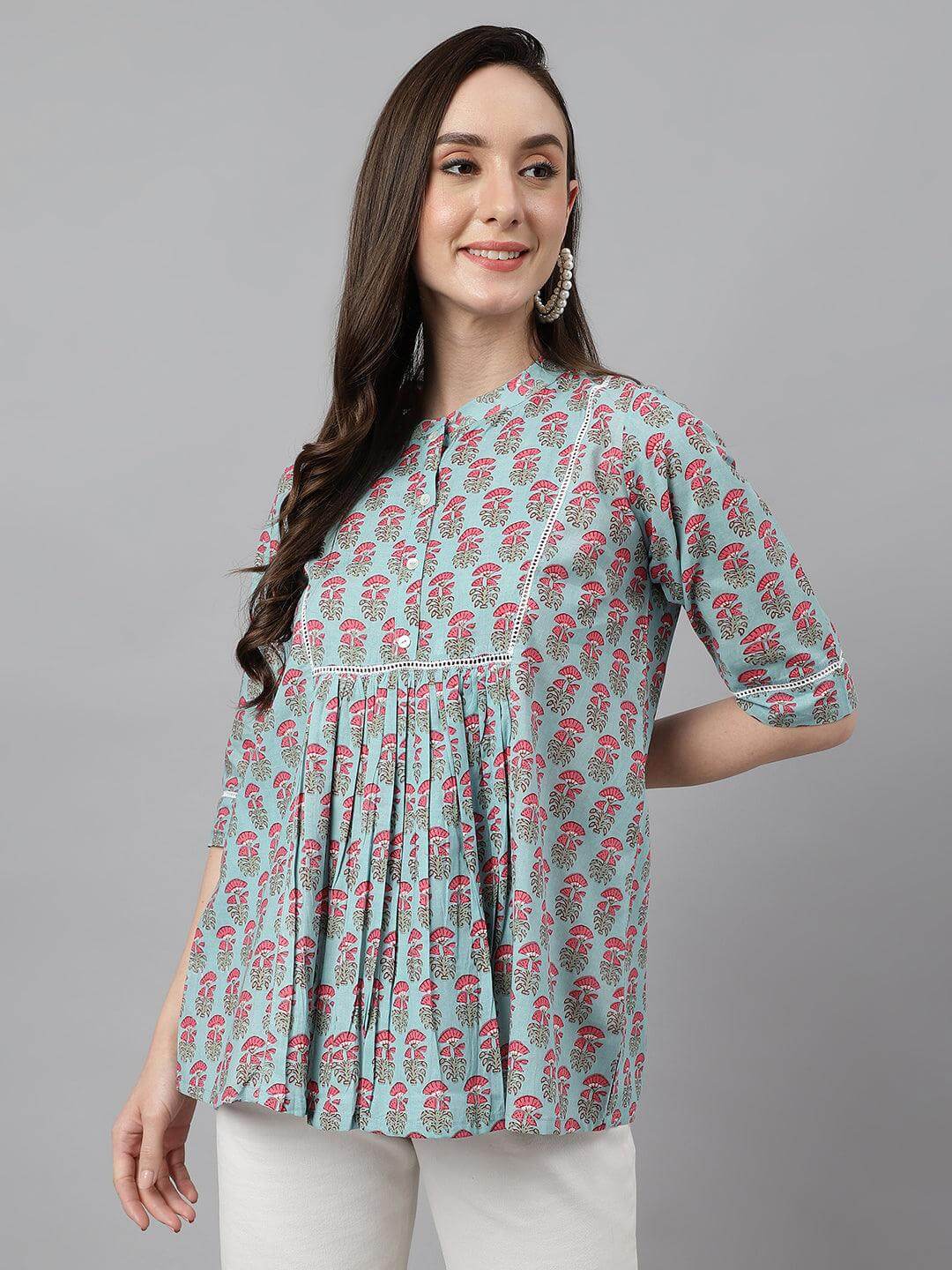 Women's Aqua Blue Cotton Block Print A-Line Top