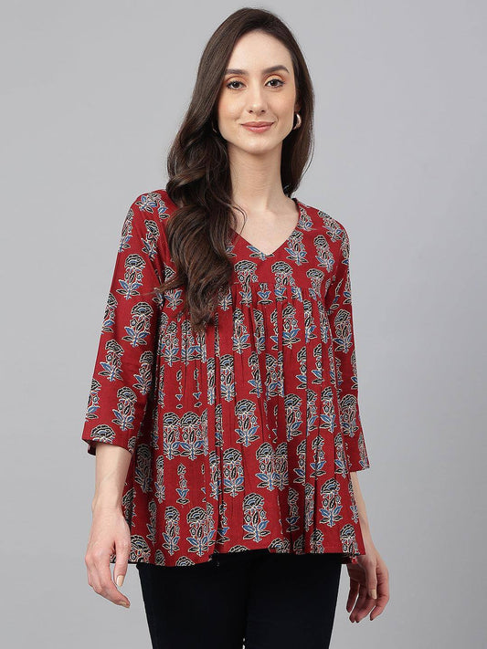 Maroon Cotton Floral Block Print Flared Top