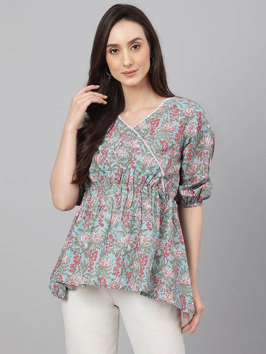 Aqua Blue Cotton Floral Print Peplum Top