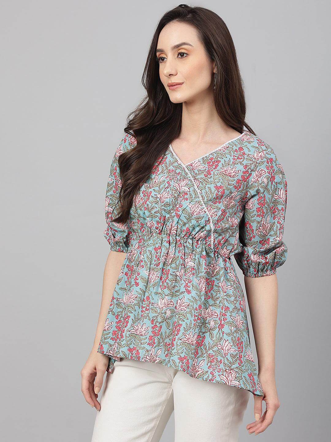 Aqua Blue Cotton Floral Print Peplum Top