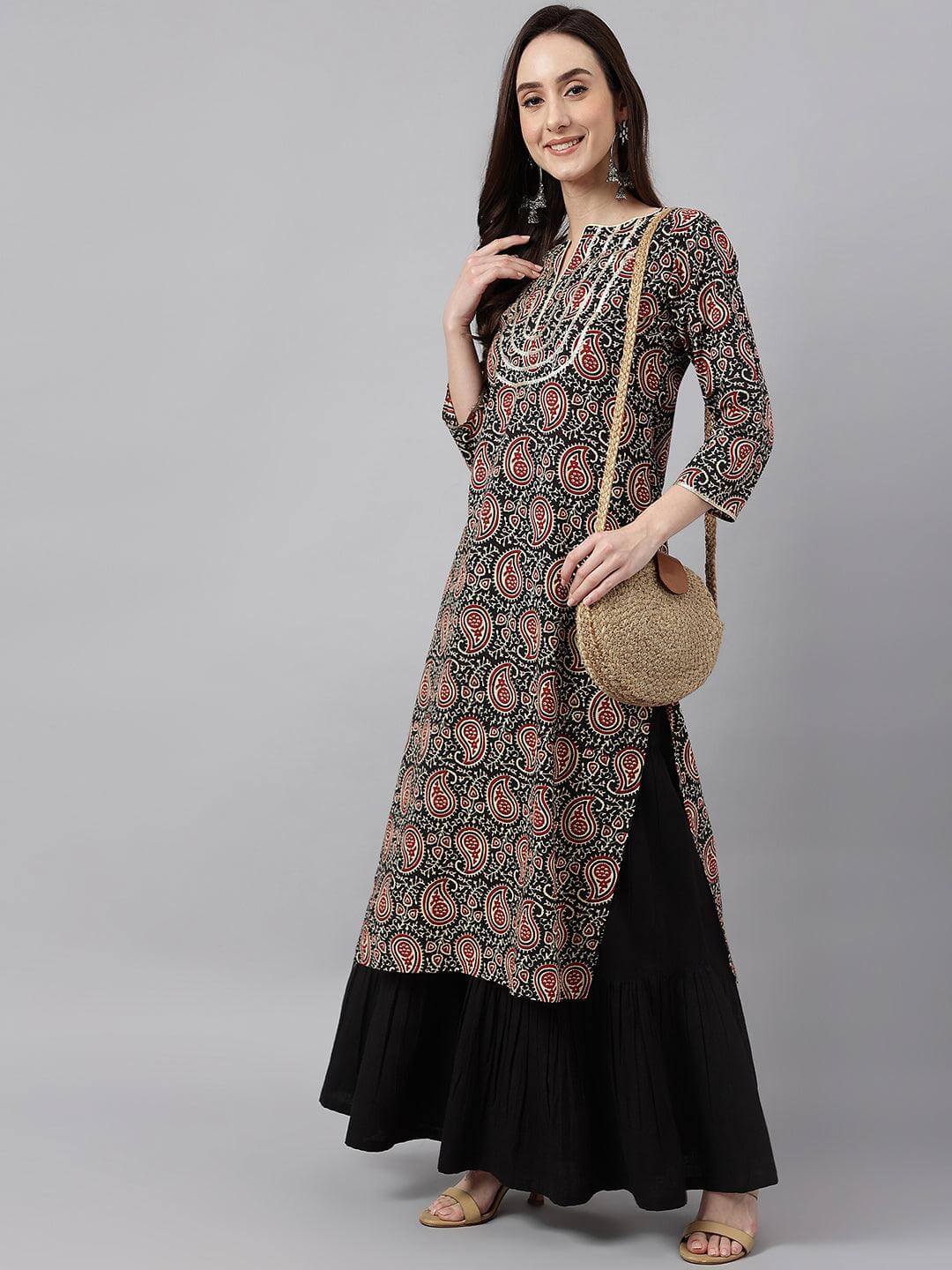 Women's Black Cotton Paisley Straight Kurta