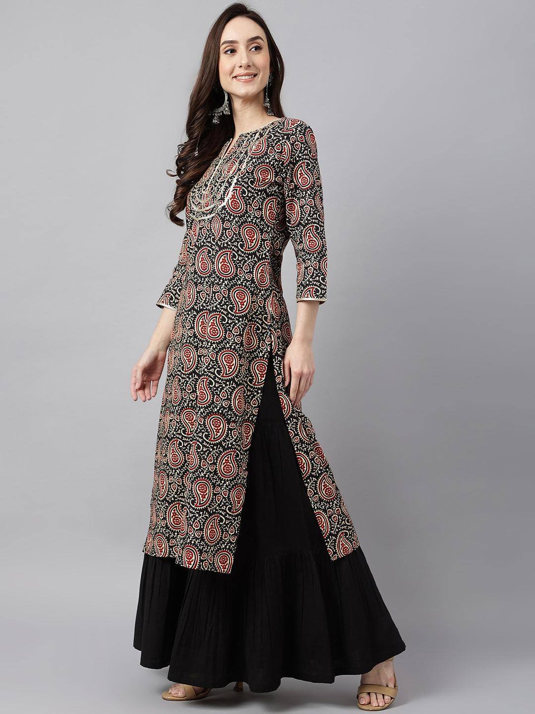 Women's Black Cotton Paisley Straight Kurta