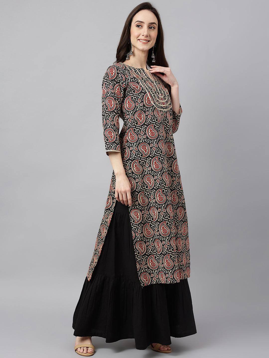 Women's Black Cotton Paisley Straight Kurta