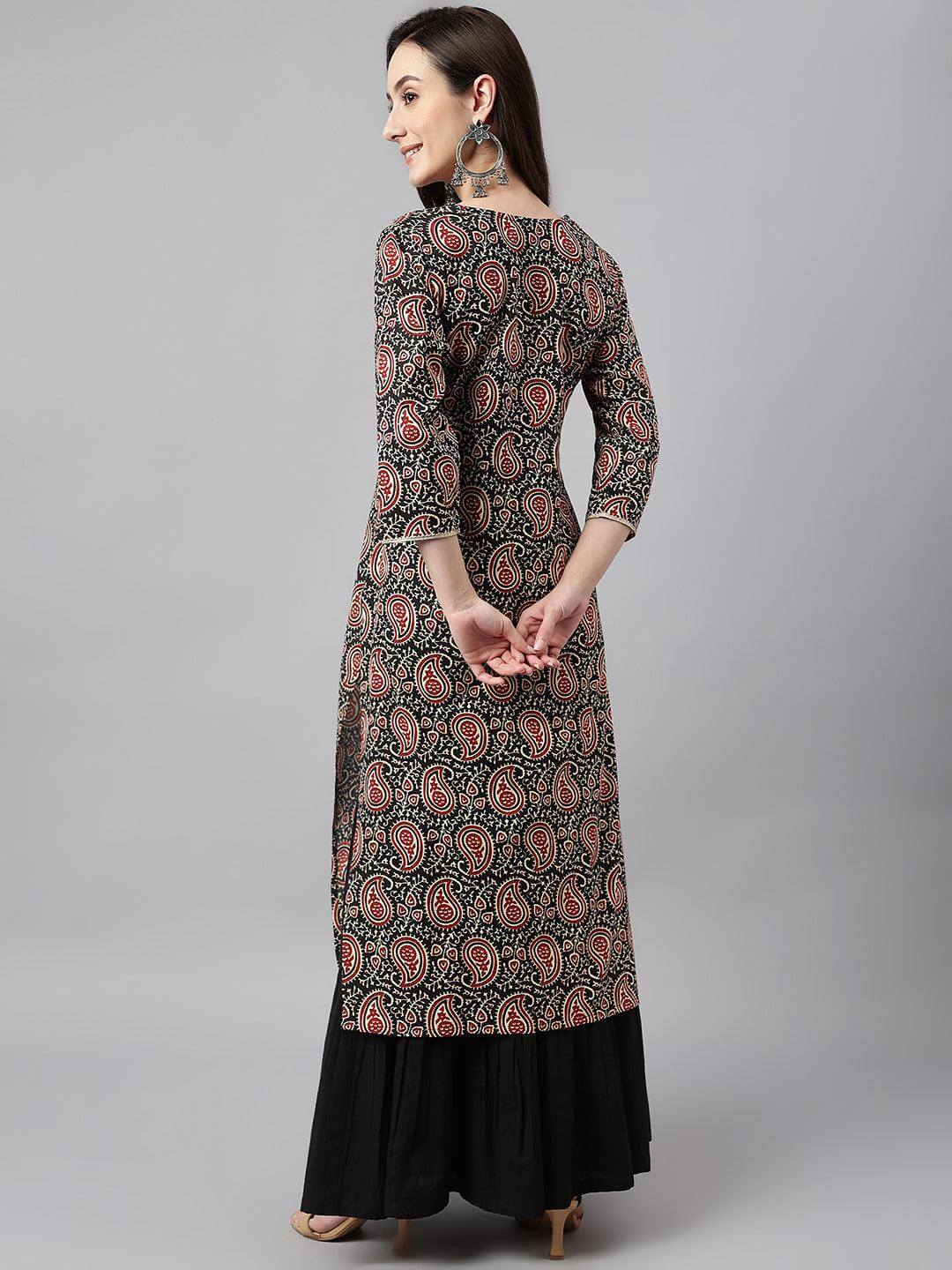 Women's Black Cotton Paisley Straight Kurta