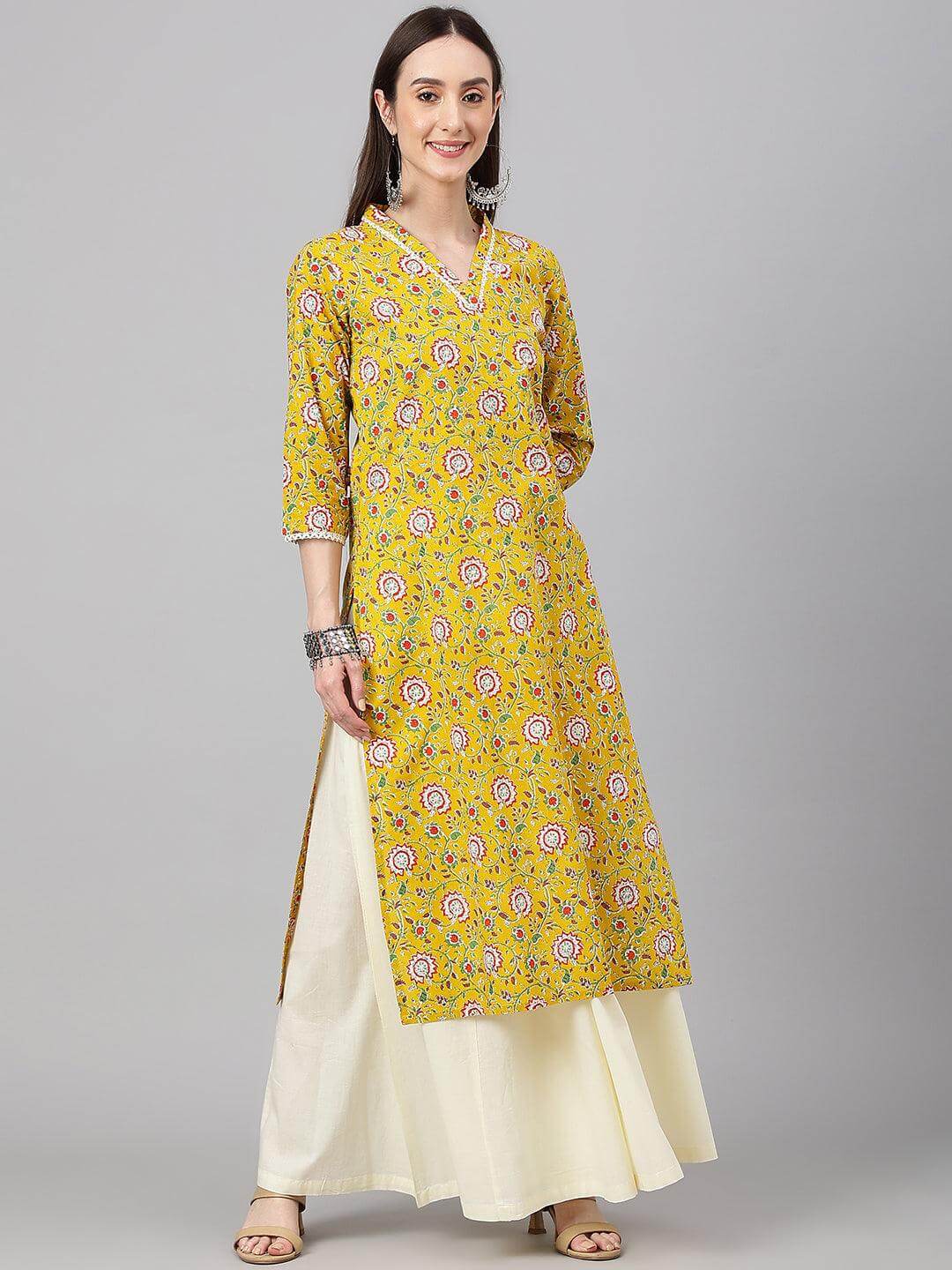 Mustard Cotton Floral Print Straight Kurta