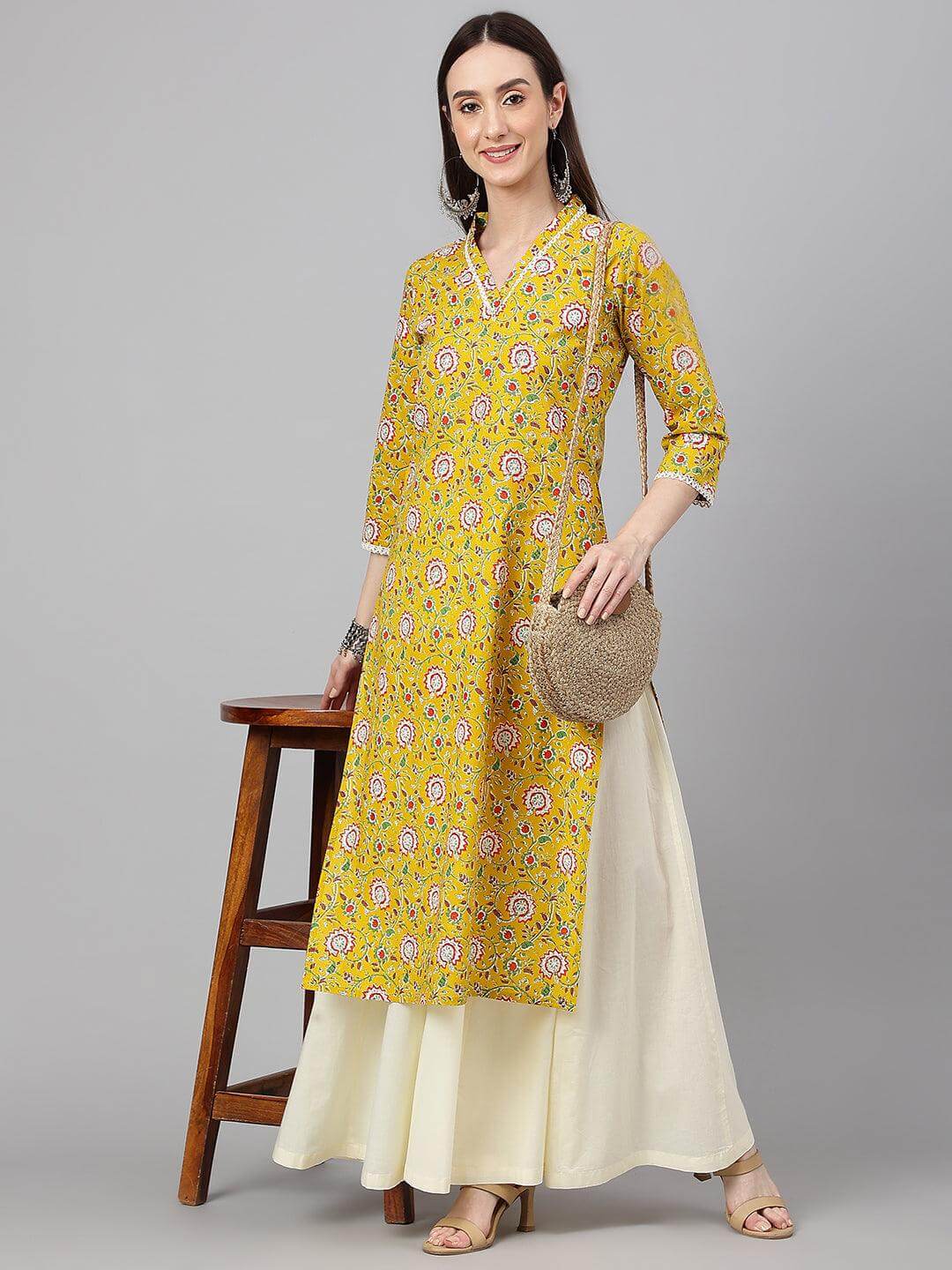 Mustard Cotton Floral Print Straight Kurta