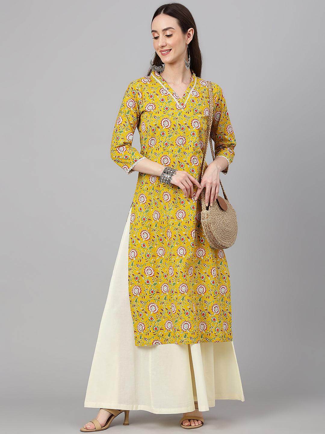 Mustard Cotton Floral Print Straight Kurta