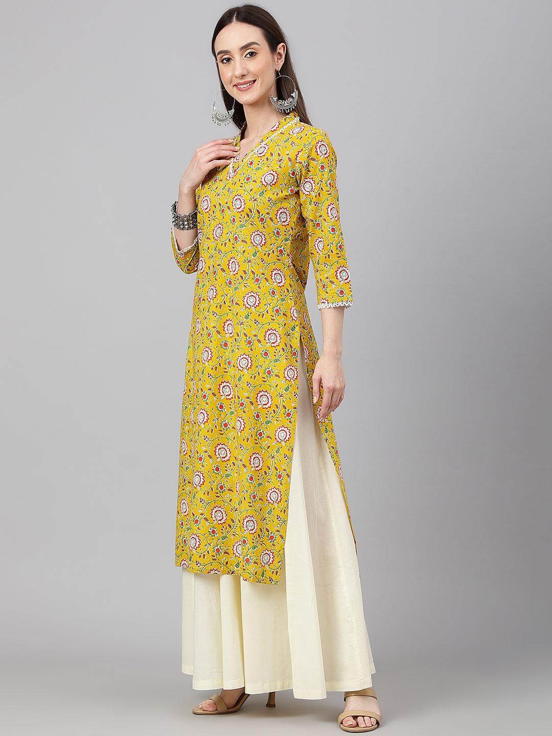 Mustard Cotton Floral Print Straight Kurta