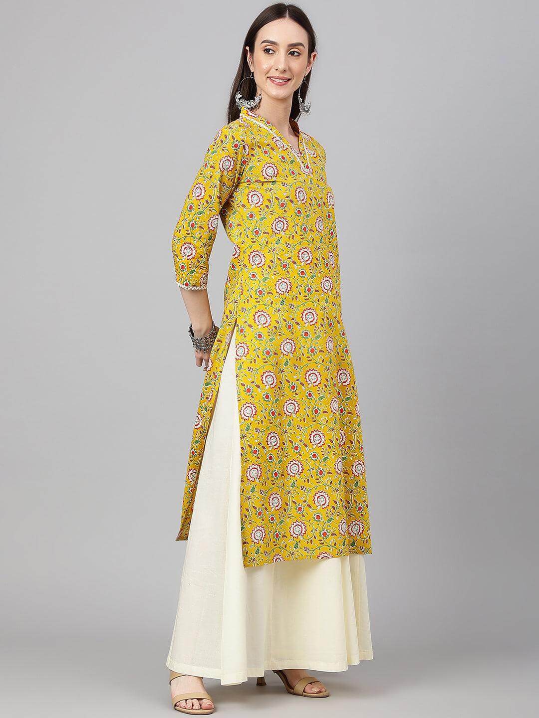 Mustard Cotton Floral Print Straight Kurta