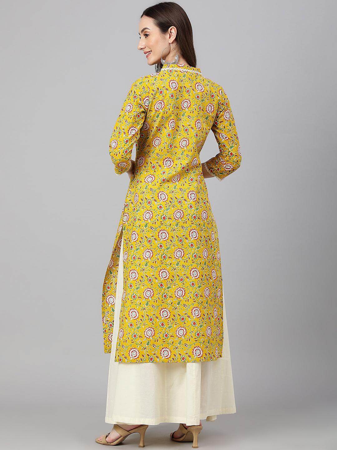 Mustard Cotton Floral Print Straight Kurta