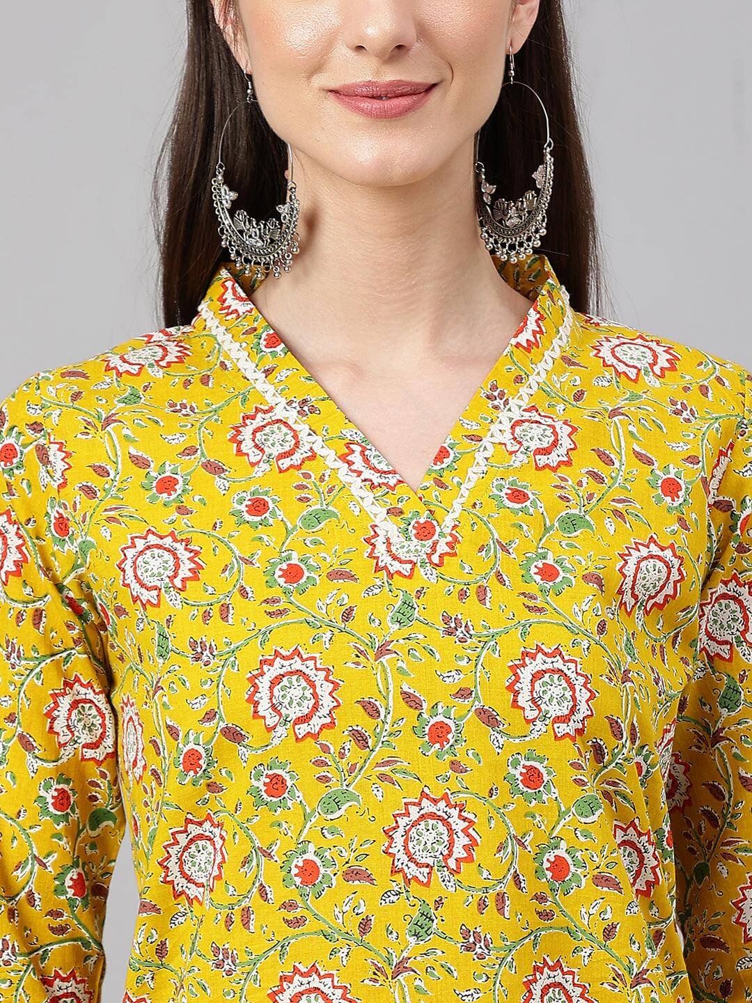 Mustard Cotton Floral Print Straight Kurta