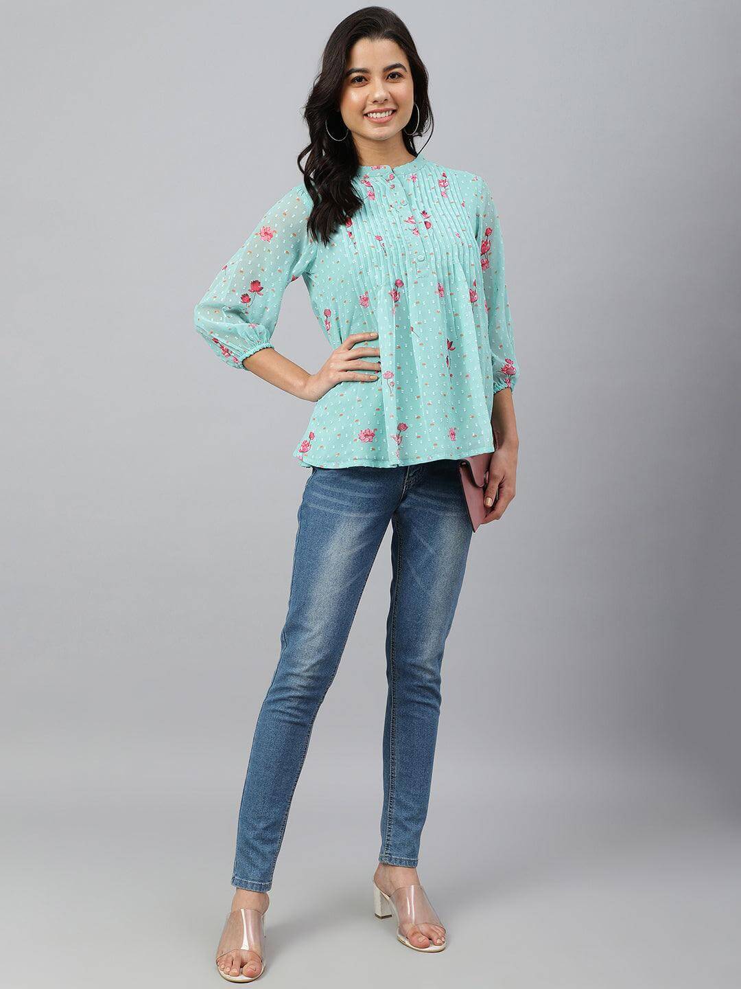 Sea Green Dobby Georgette Floral Print Flared Top