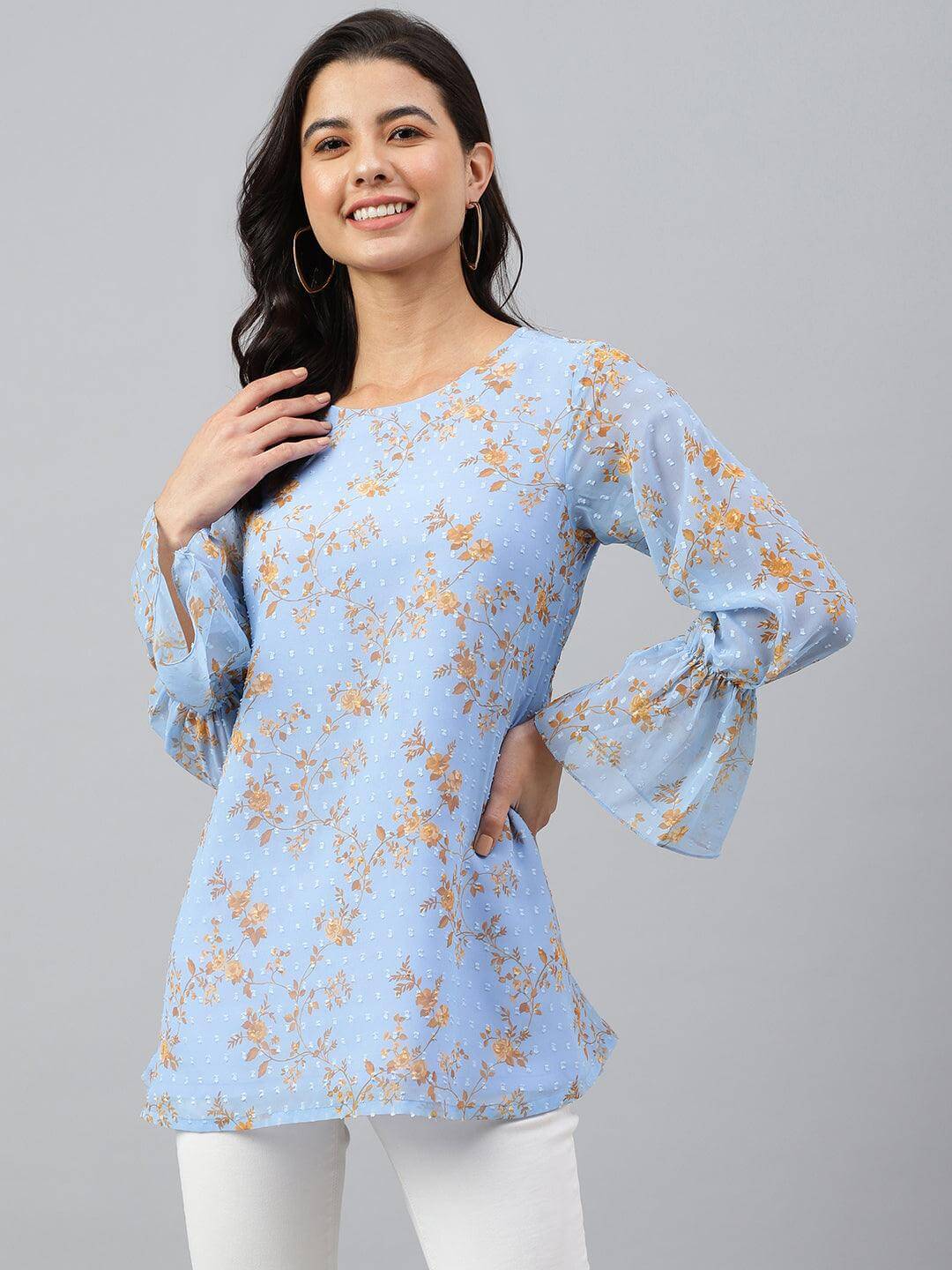 Sky Blue Dobby Georgette Digital Print A-Line Top