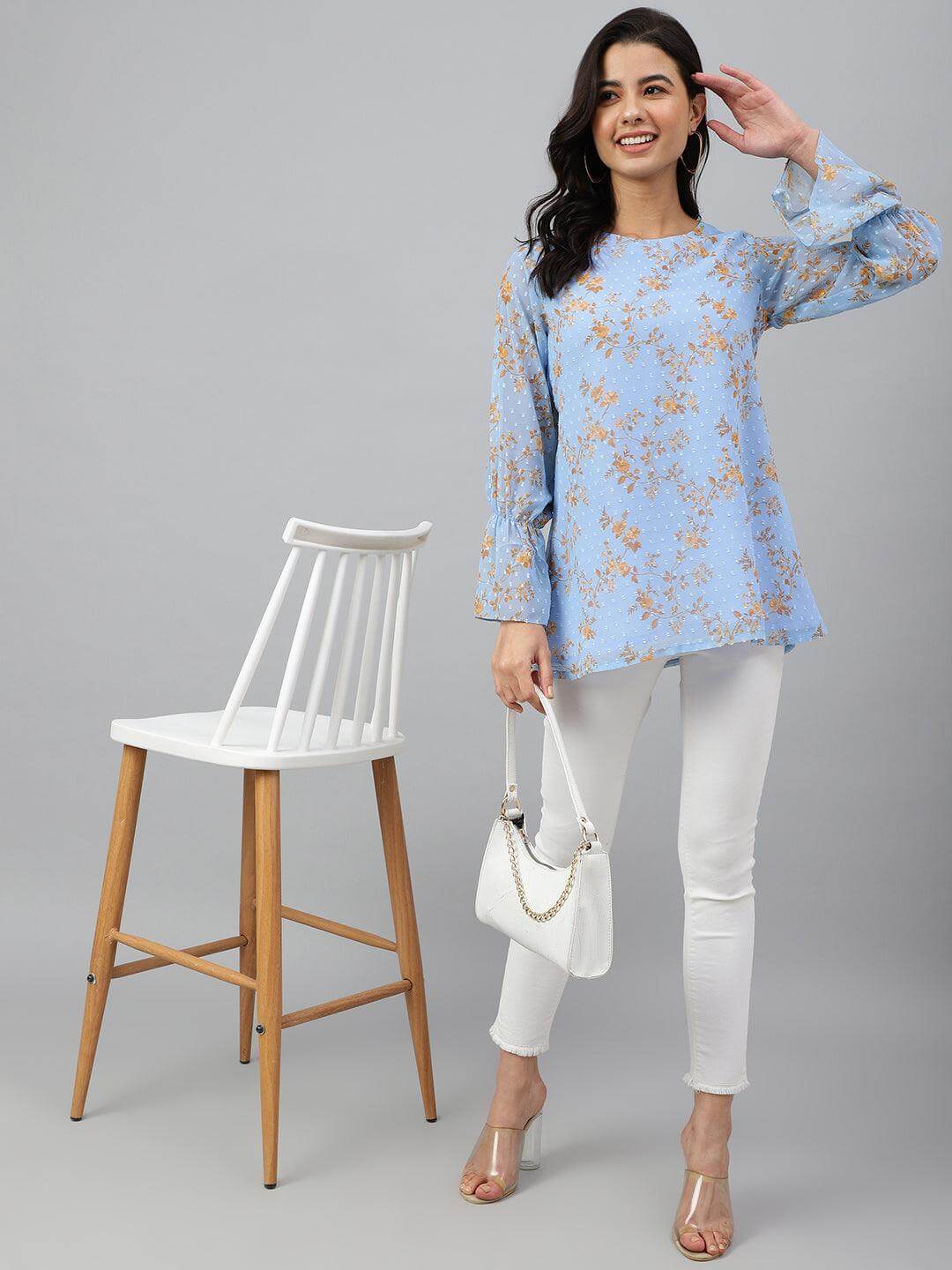 Sky Blue Dobby Georgette Digital Print A-Line Top