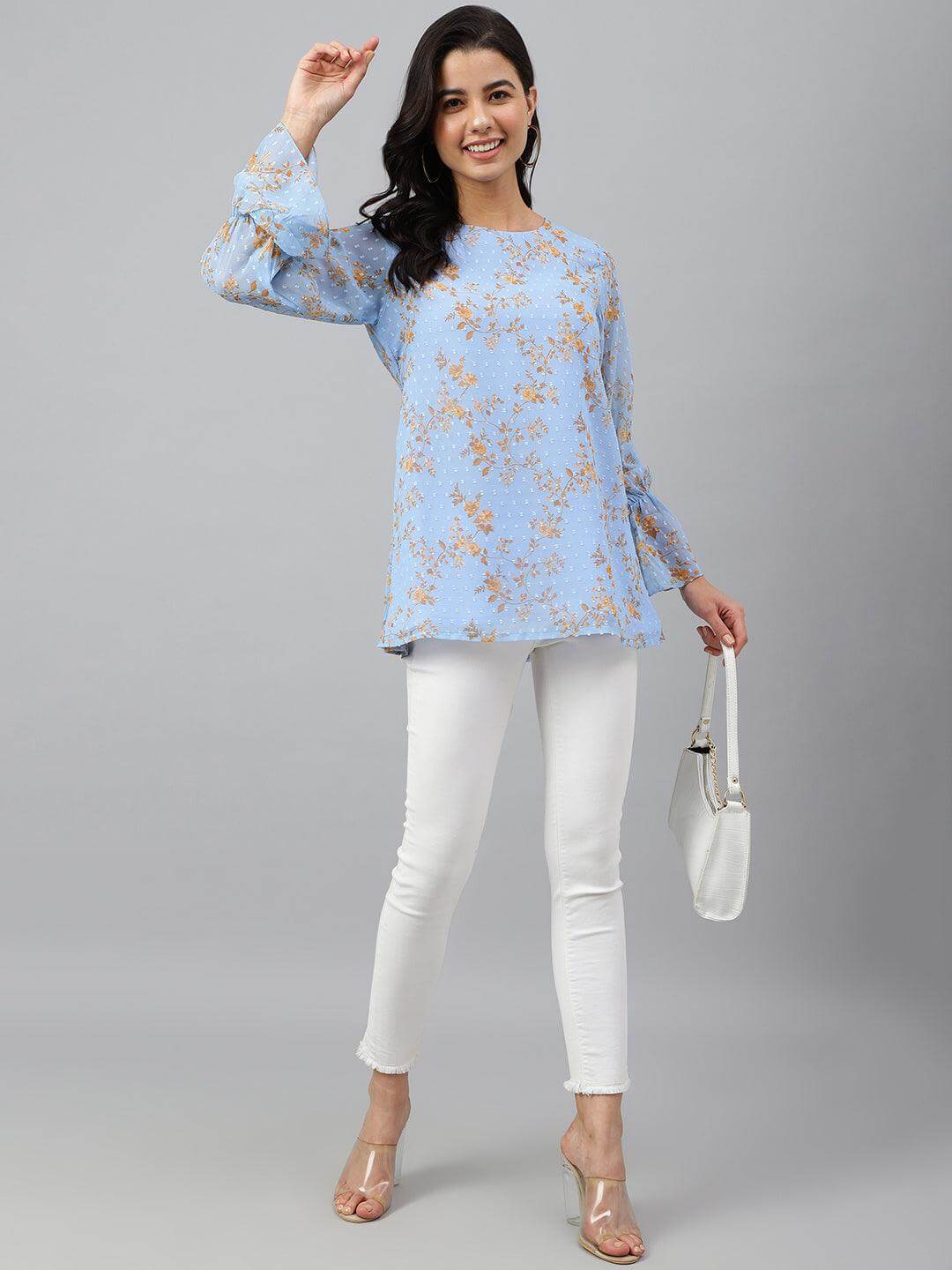 Sky Blue Dobby Georgette Digital Print A-Line Top