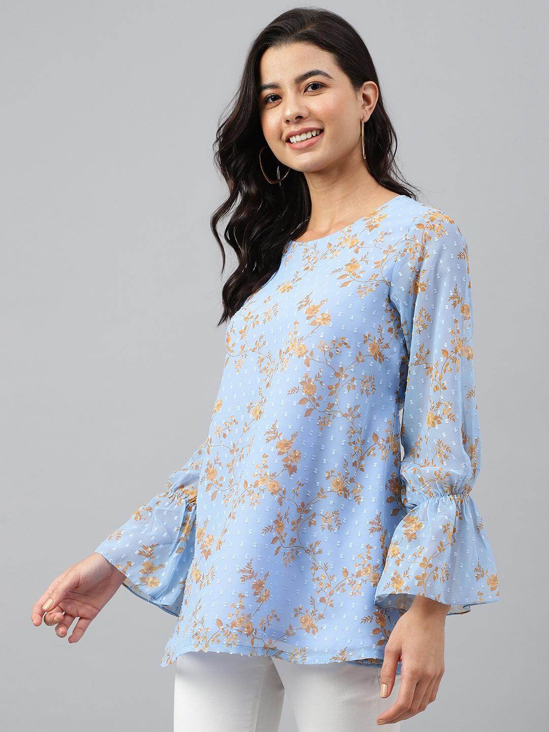 Sky Blue Dobby Georgette Digital Print A-Line Top