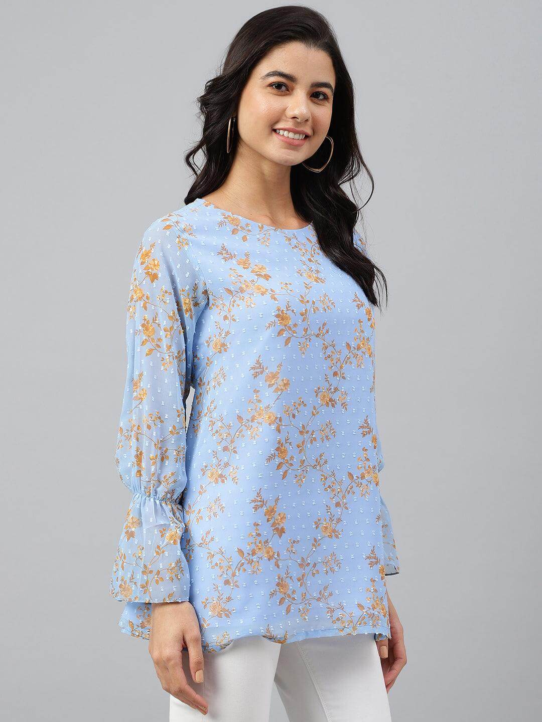 Sky Blue Dobby Georgette Digital Print A-Line Top