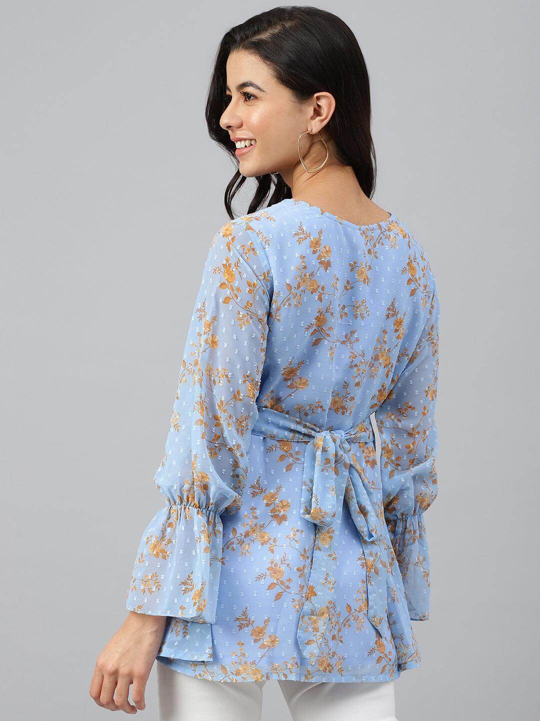 Sky Blue Dobby Georgette Digital Print A-Line Top