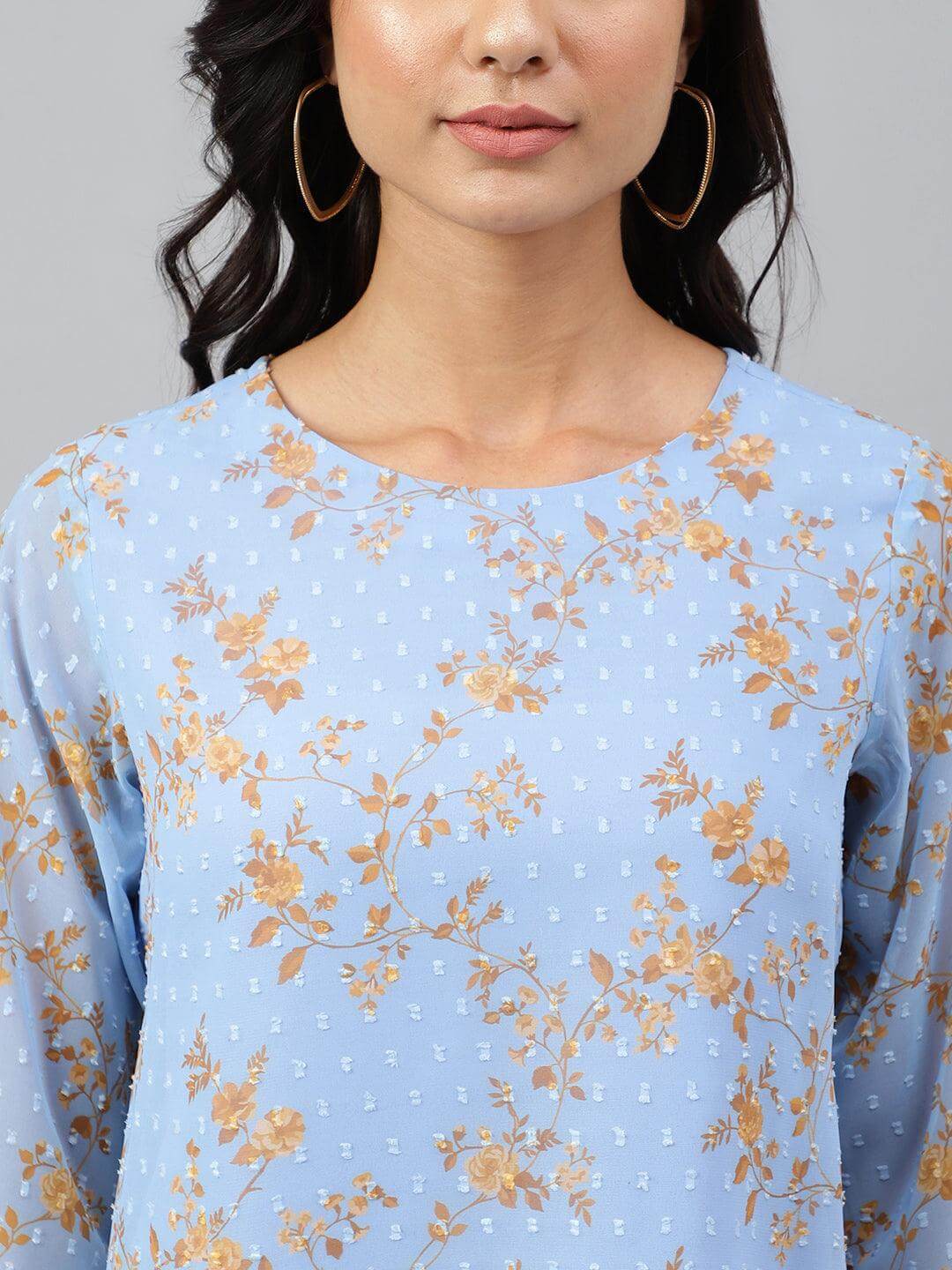 Sky Blue Dobby Georgette Digital Print A-Line Top