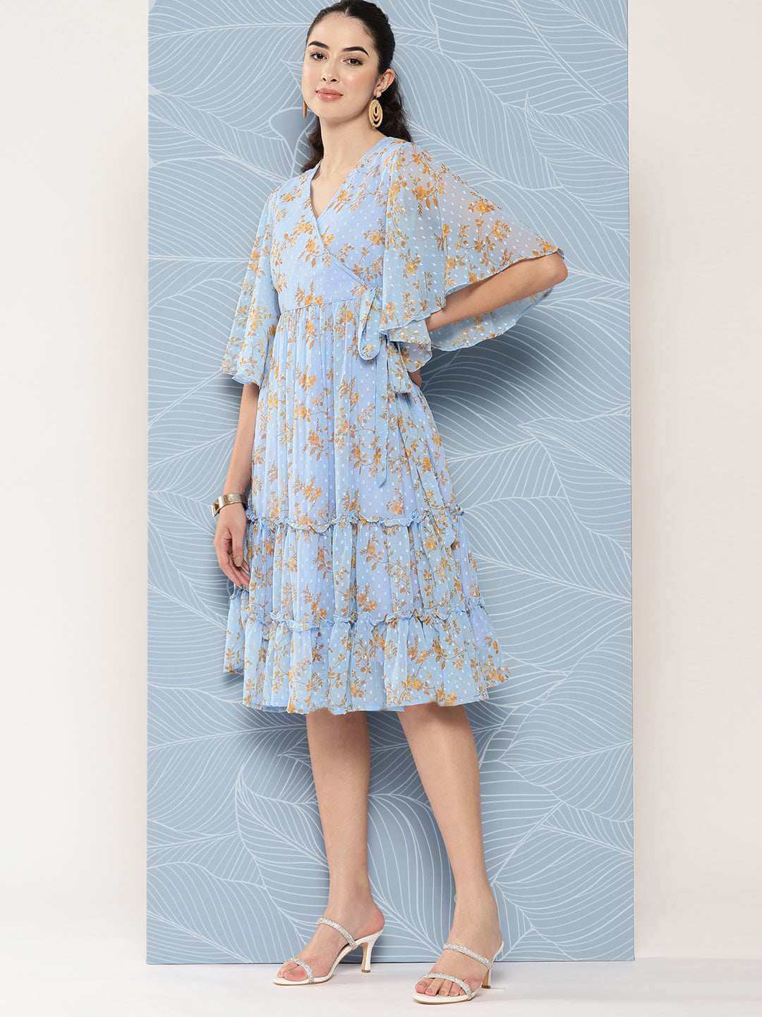 Sky Blue Dobby Georgette Digital Print Flared Western Dress