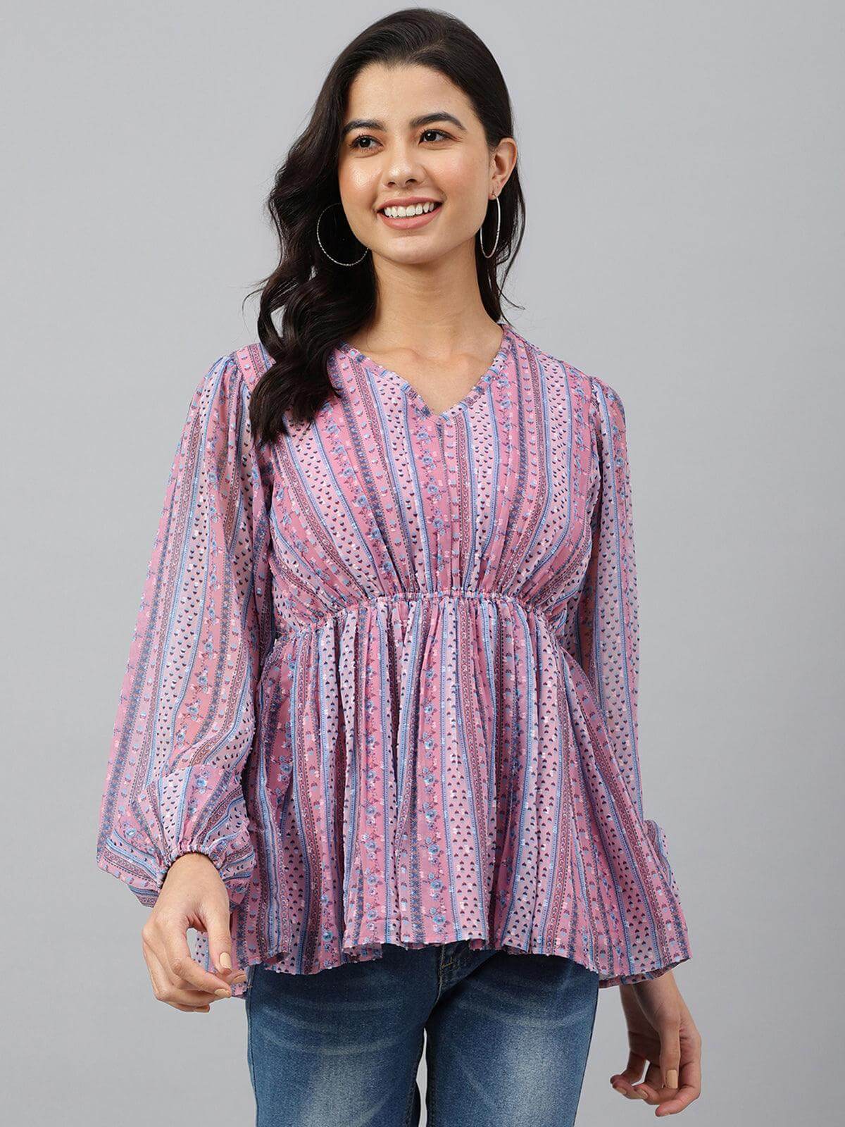 Pink Dobby Georgette Digital Print Peplum Top