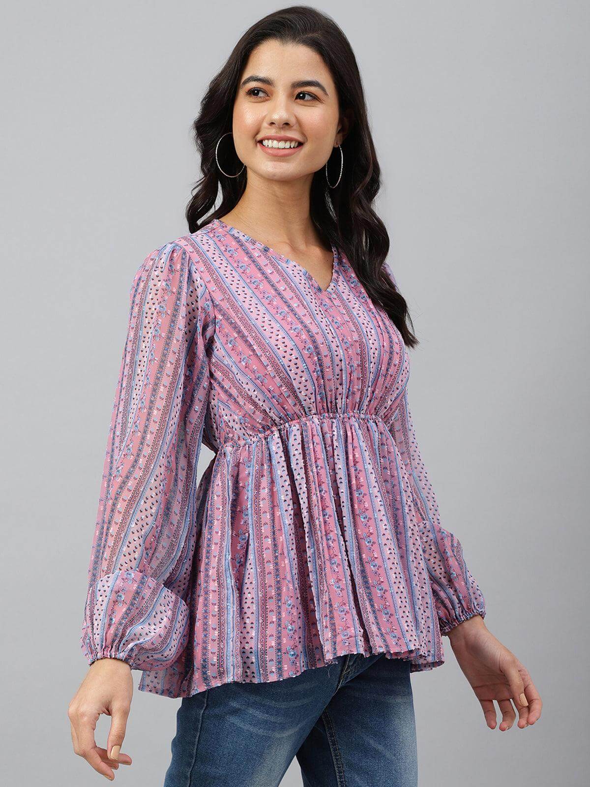 Pink Dobby Georgette Digital Print Peplum Top