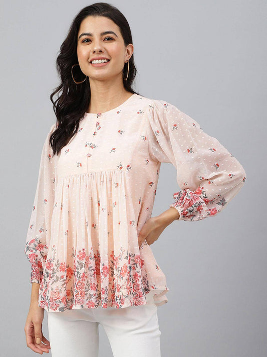 Peach Georgette Floral Print Flared Top