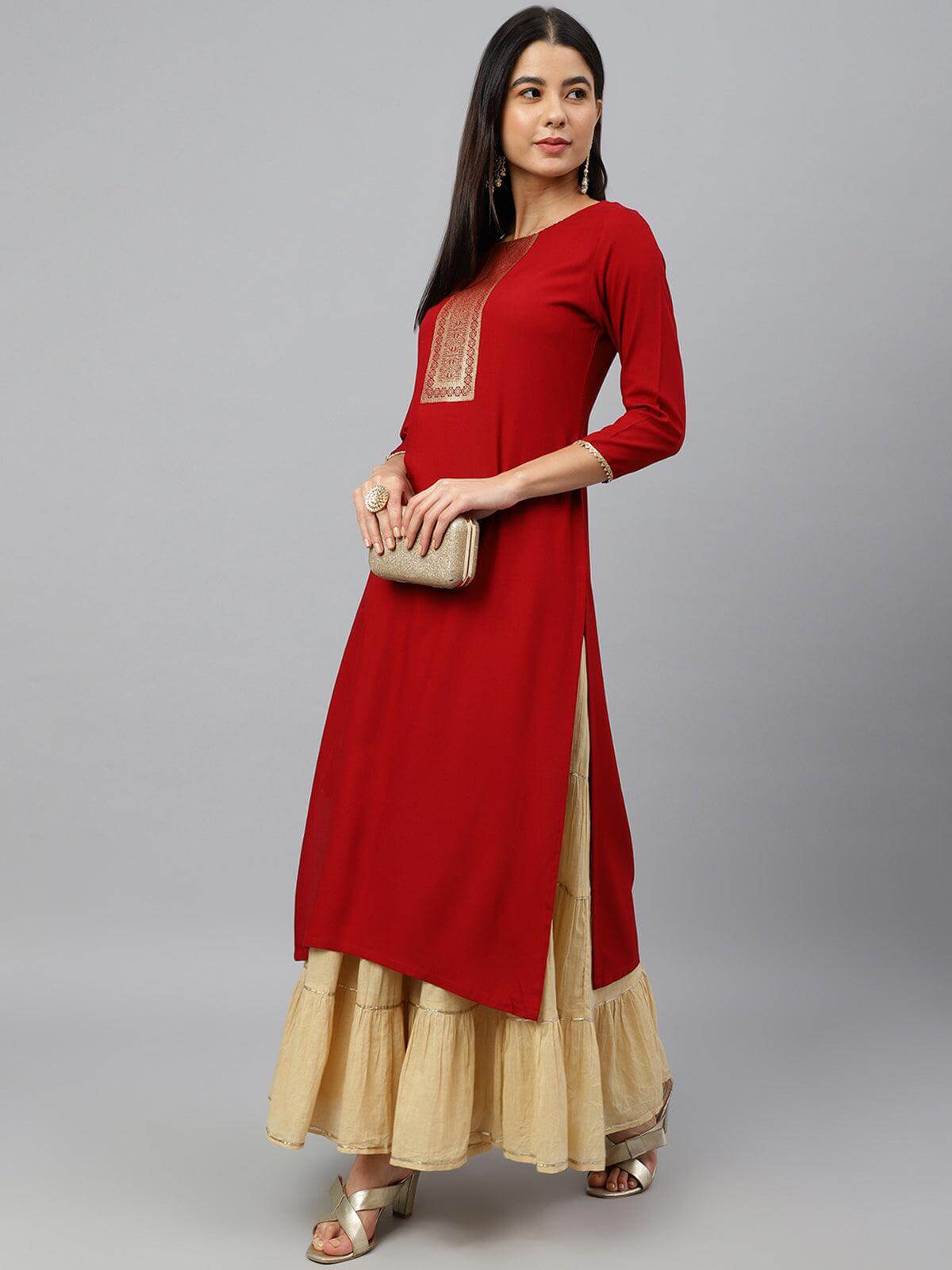 Maroon Rayon Solid Straight Kurta