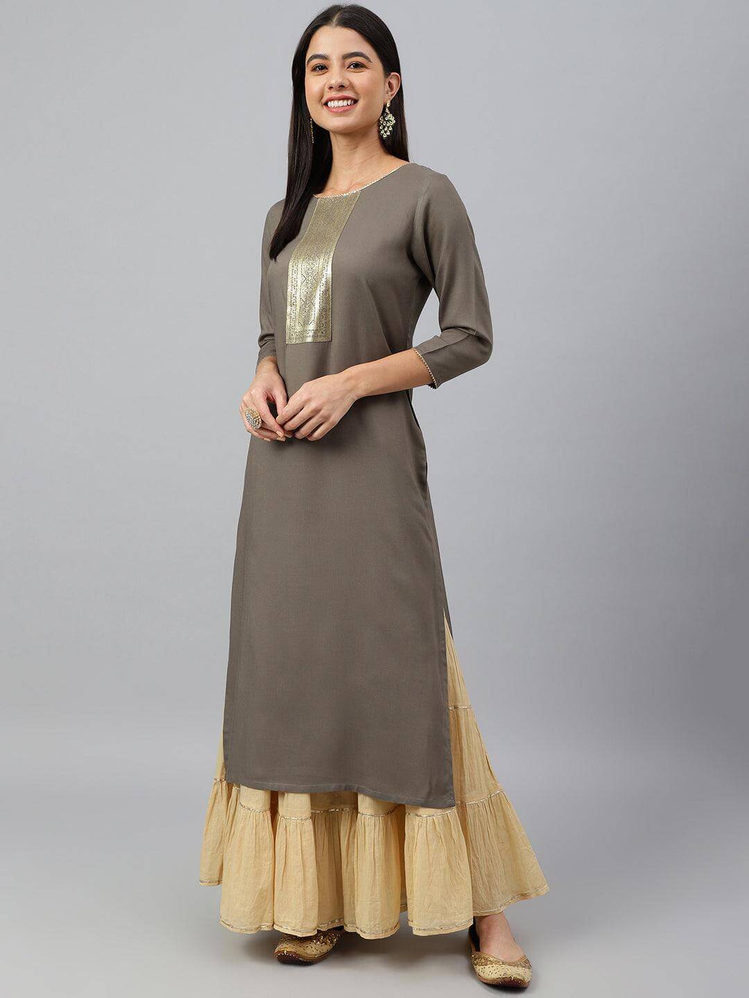 Grey Rayon Solid Straight Kurta