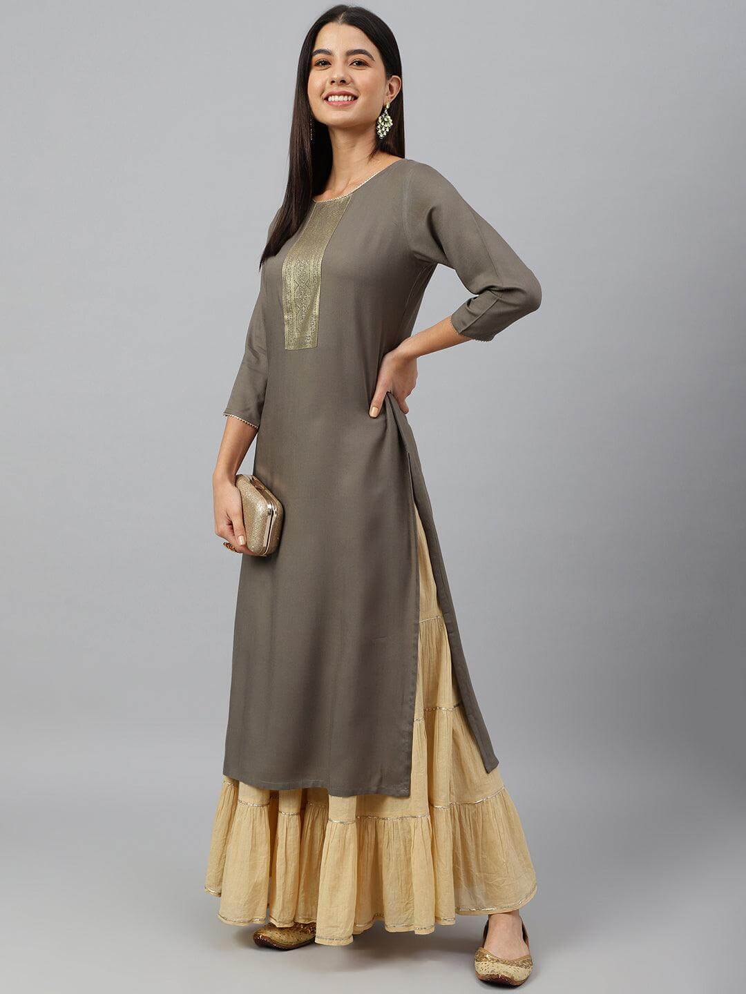 Grey Rayon Solid Straight Kurta