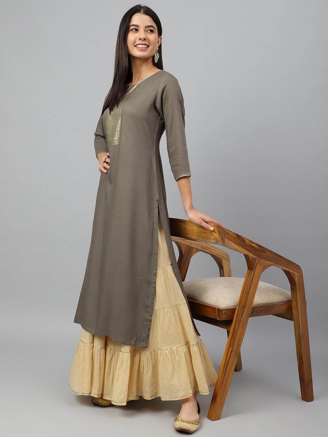 Grey Rayon Solid Straight Kurta