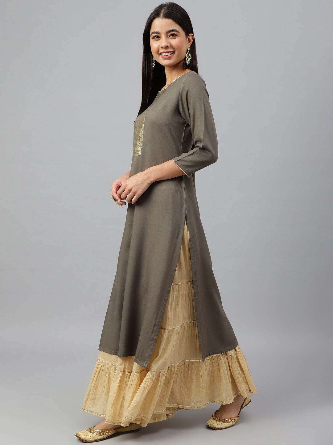 Grey Rayon Solid Straight Kurta