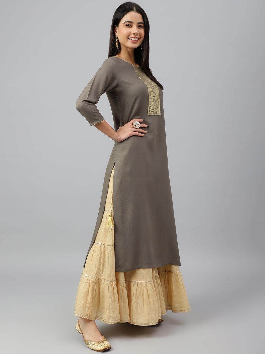 Grey Rayon Solid Straight Kurta