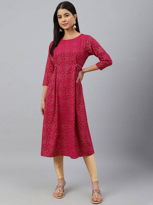 Wine Poly Crepe Foil Print Flared Kurta