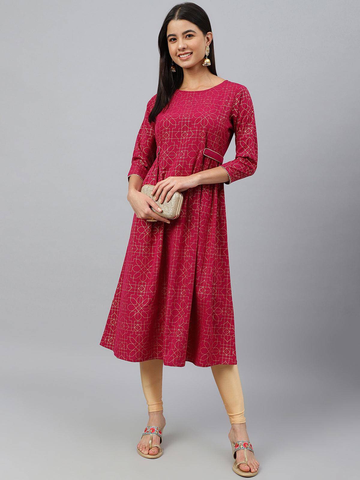 Wine Poly Crepe Foil Print Flared Kurta