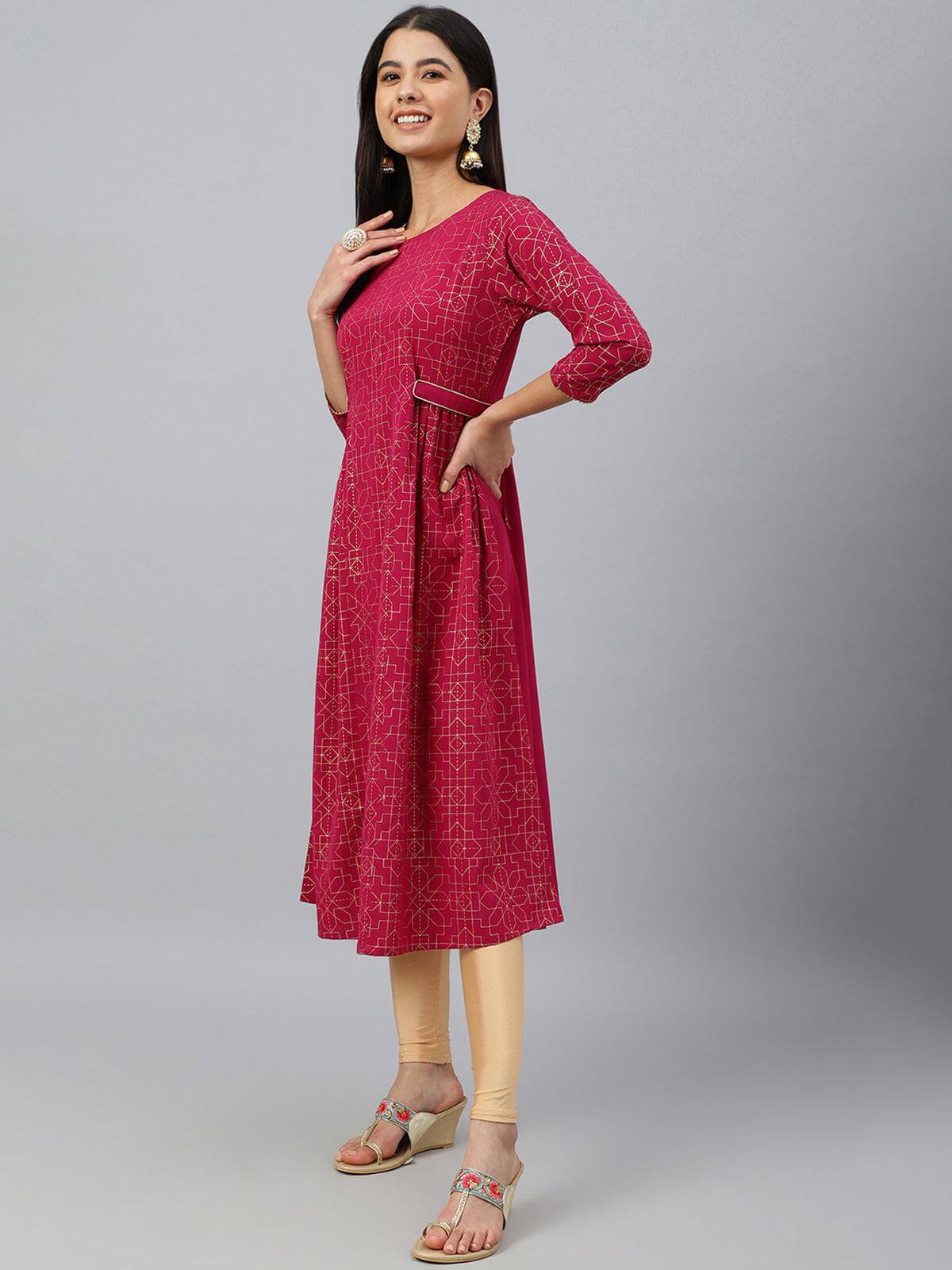 Wine Poly Crepe Foil Print Flared Kurta