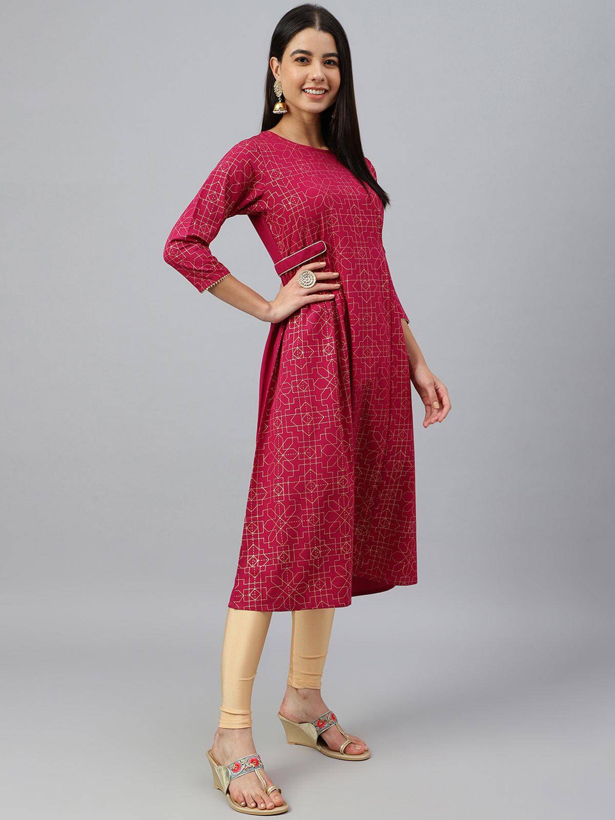 Wine Poly Crepe Foil Print Flared Kurta