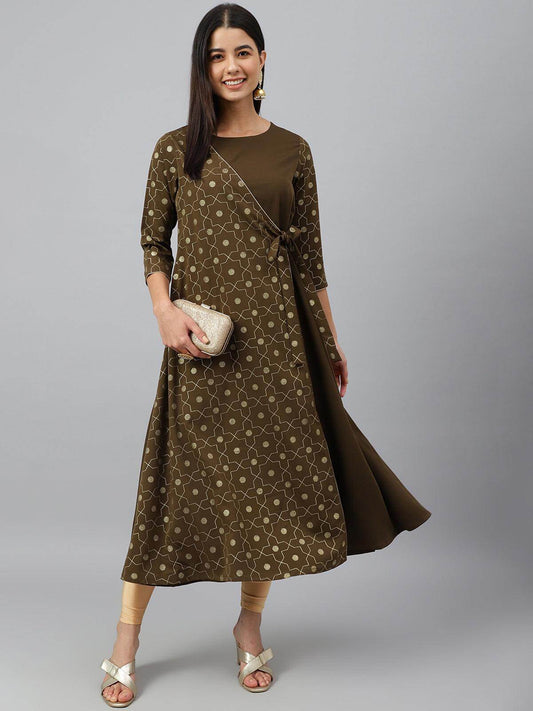 Mehendi Green Crepe Foil Print Angrakha Kurta