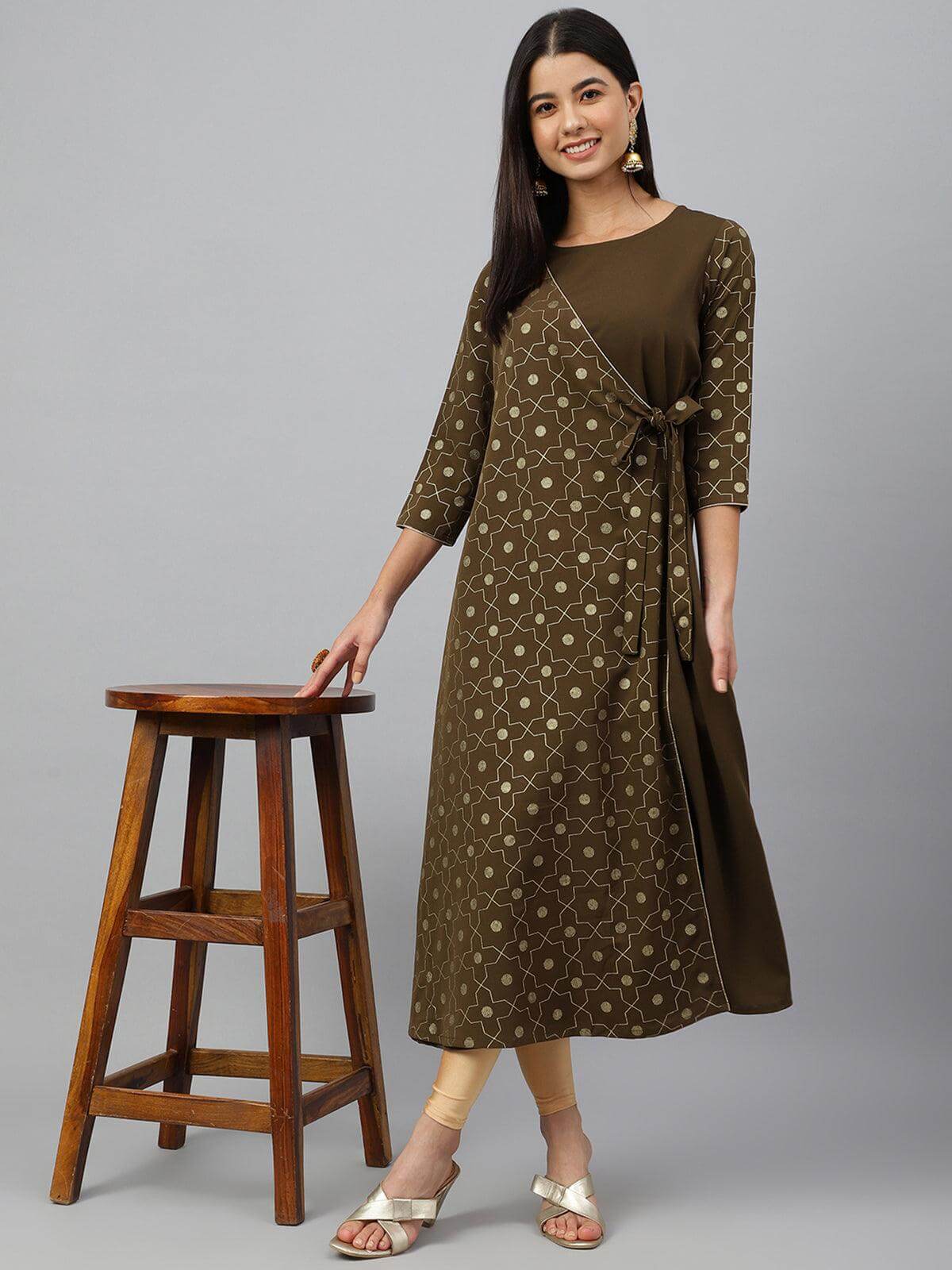 Mehendi Green Crepe Foil Print Angrakha Kurta