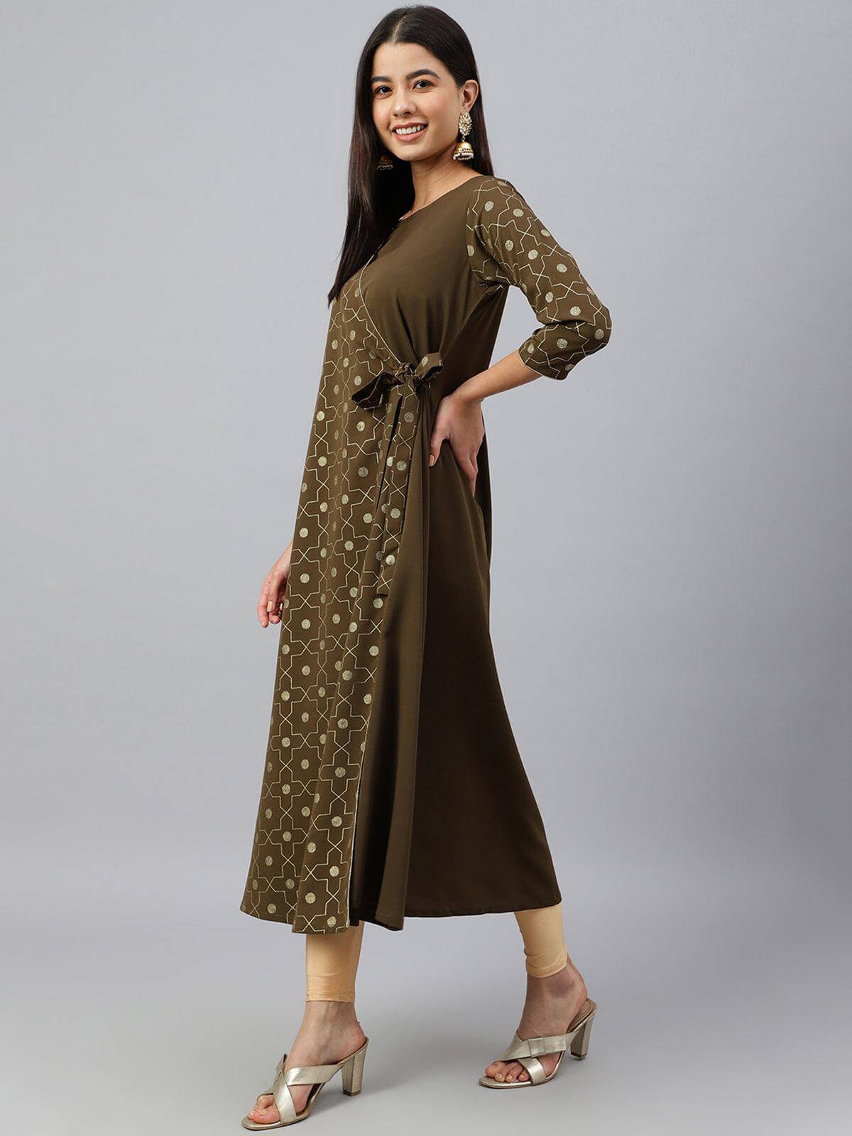Mehendi Green Crepe Foil Print Angrakha Kurta