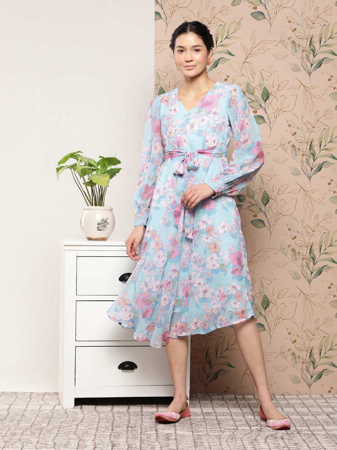 Sky Blue Georgette Floral Flared Western Dress