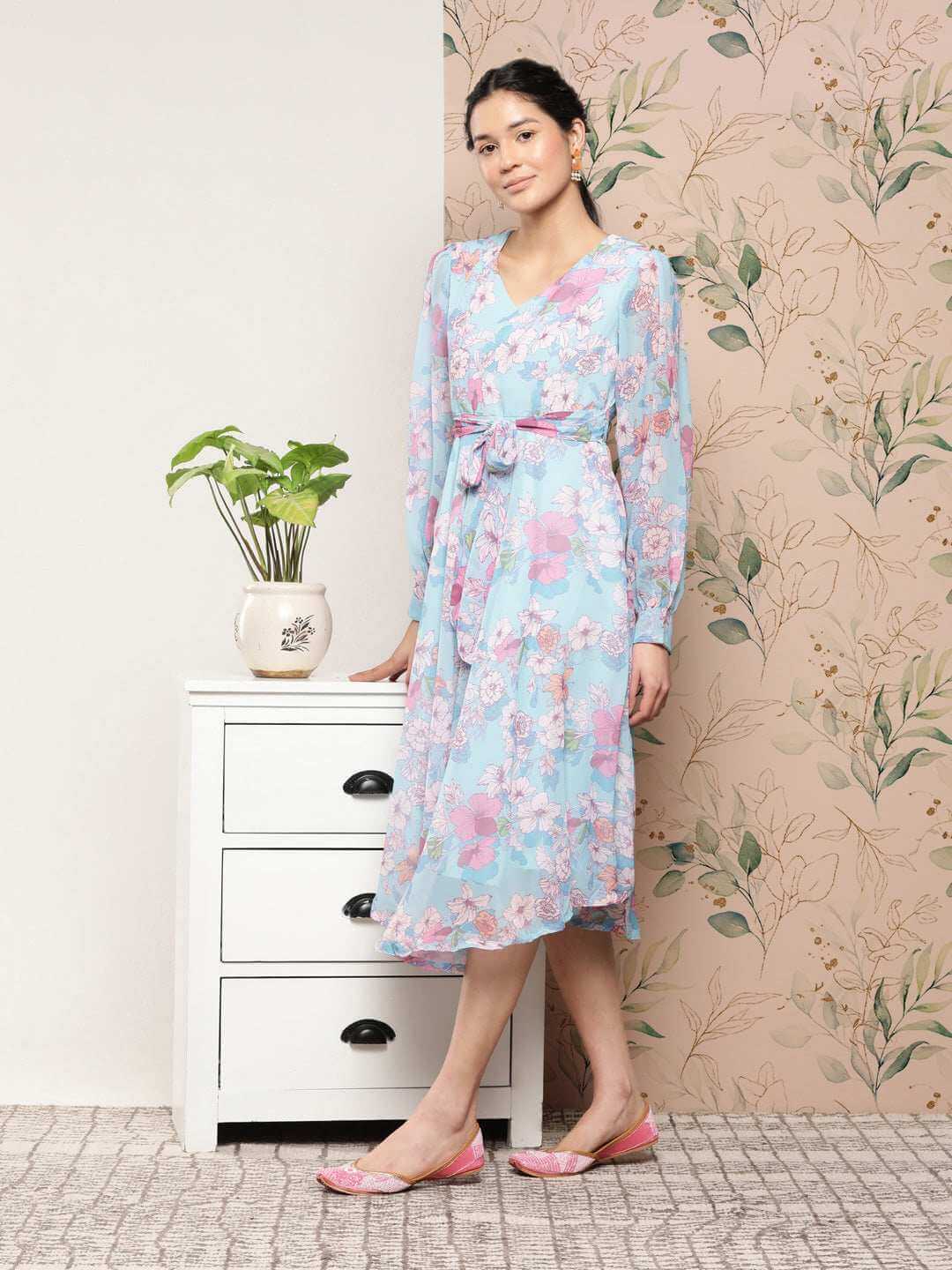 Sky Blue Georgette Floral Flared Western Dress