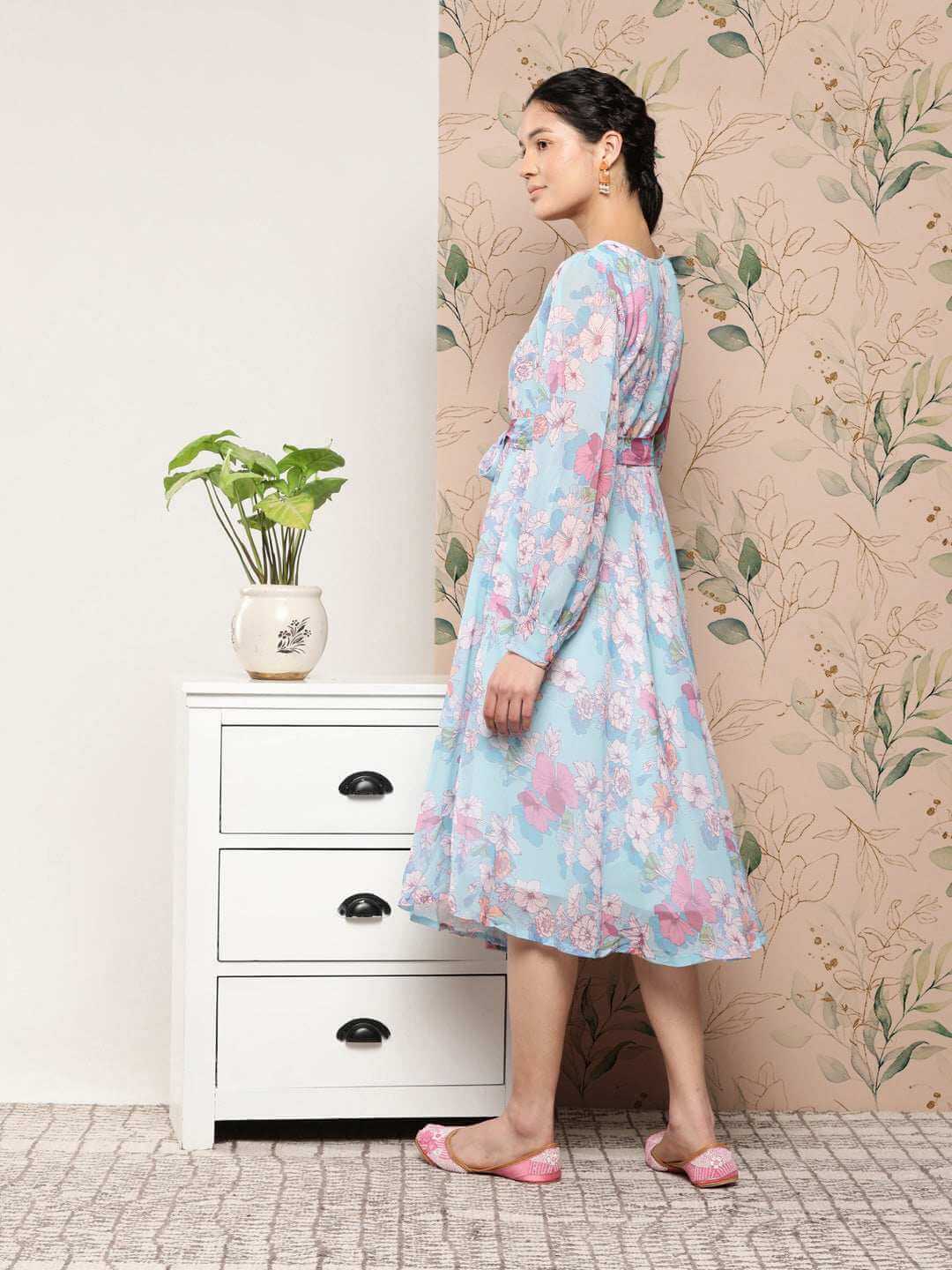 Sky Blue Georgette Floral Flared Western Dress