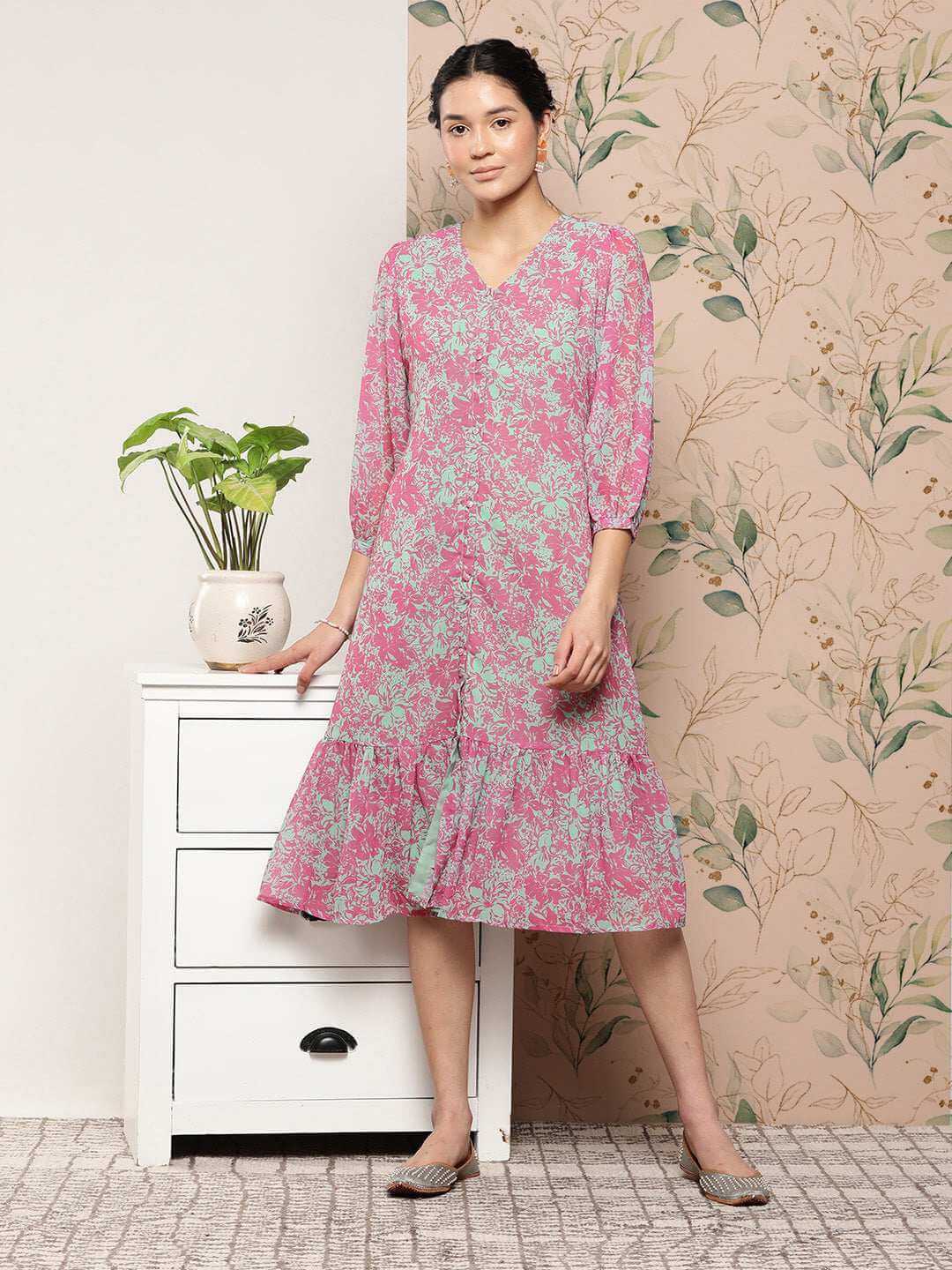 Pink Georgette Floral A-line Western Dress