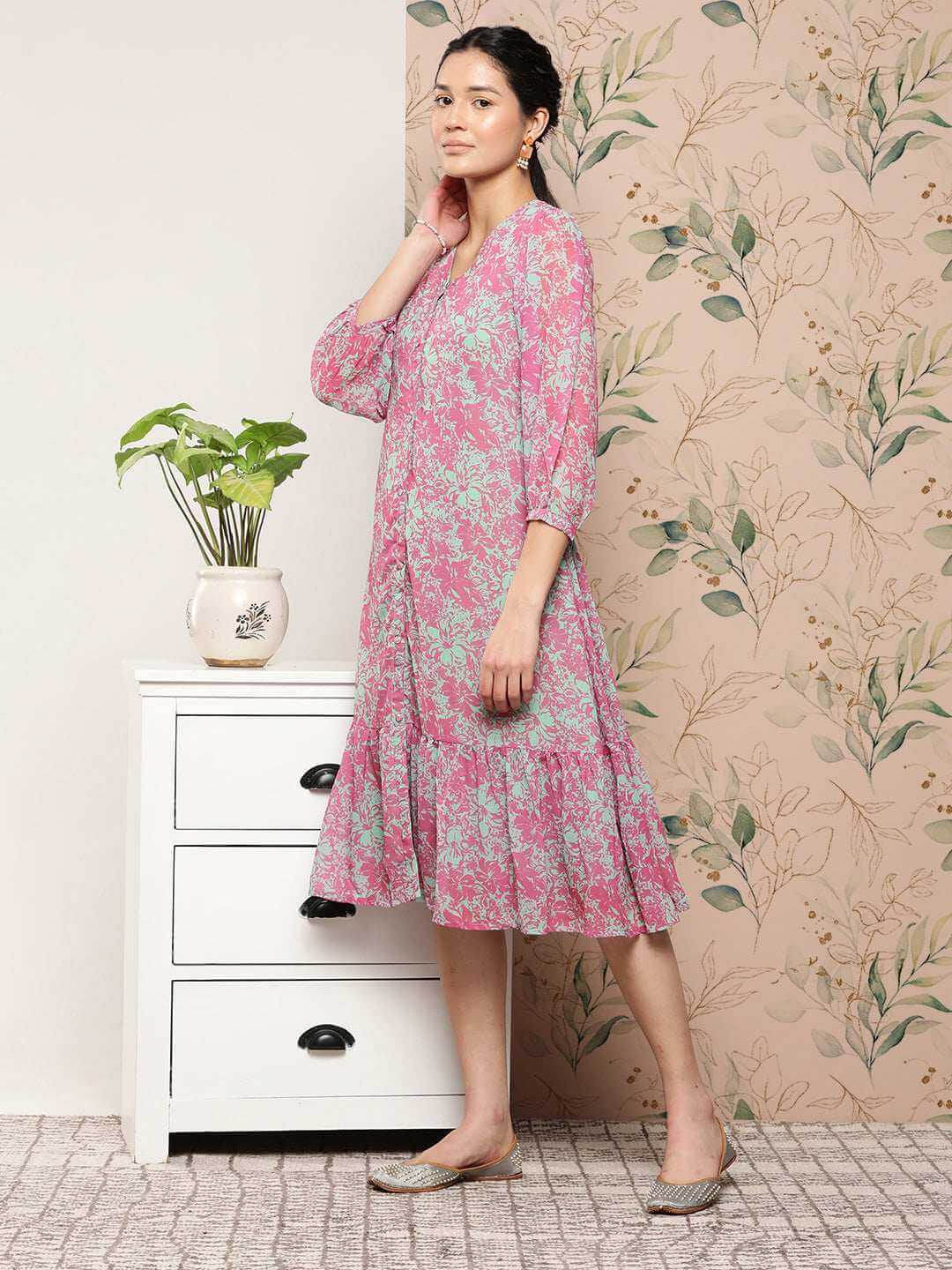 Pink Georgette Floral A-line Western Dress